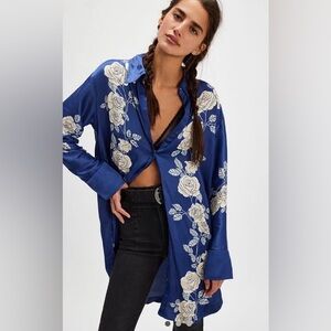 NWT Free People Off The Vine Buttondown Top in Night Sky Combo Blue and White